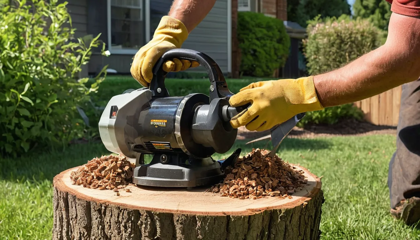 Stump grinding in progress in a Rowlett backyard with wood chips flying